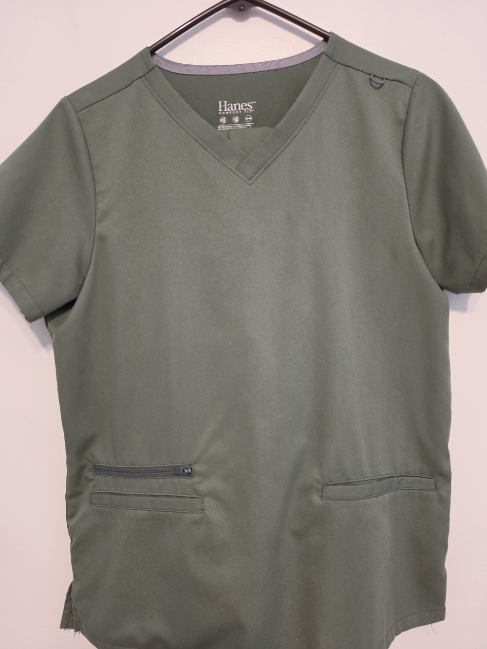 Hanes Womens Olive Green V-Neck Scrub Shirt And Pants with Front Pockets